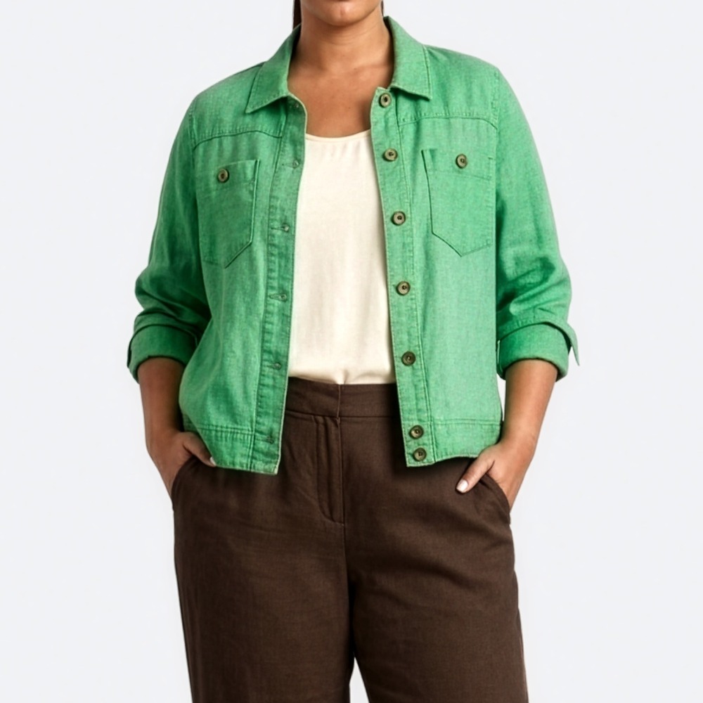 Chico's 100% Linen Shirt Jacket Green Button Down Utility‎ Shacket Size Medium